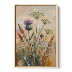 Modern Floral Painting of Thistle and Wild Carrot - Oak Framed Canvas Wall Art - Front