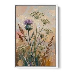 Modern Floral Painting of Thistle and Wild Carrot - White Framed Canvas Wall Art - Front