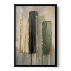 Modern Green and Gold Abstract Dripping Veils - Black Framed Canvas Wall Art - Front