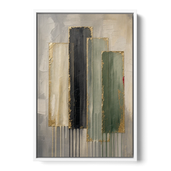 Modern Green and Gold Abstract Dripping Veils - White Framed Canvas Wall Art - Front