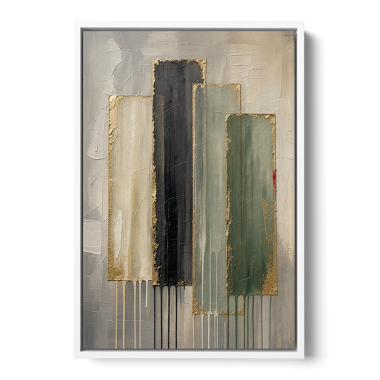Modern Green and Gold Abstract Dripping Veils - White Framed Canvas Wall Art - Front