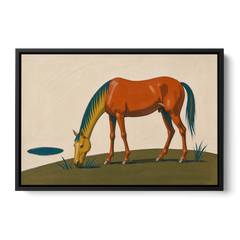 Modern Horse Wall Art of a Grazing Chestnut - Black Framed Canvas Wall Art - Front