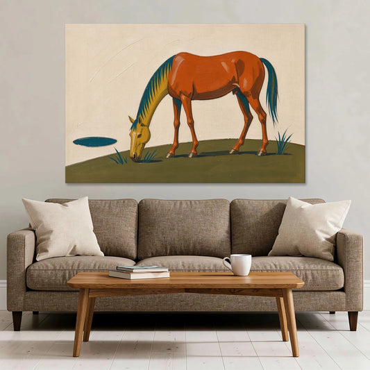 Modern Horse Wall Art of a Grazing Chestnut - Canvas Wall Art - Sofa - 60x40