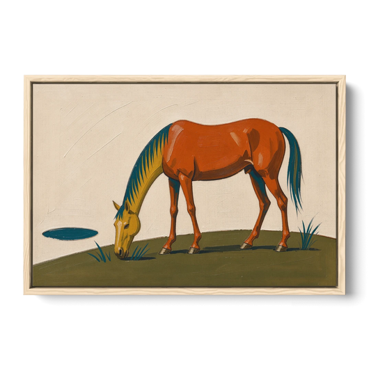 Modern Horse Wall Art of a Grazing Chestnut - Oak Framed Canvas Wall Art - Front