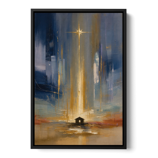 Modern Nativity Painting with Falling Gold Light - Black Framed Canvas Wall Art - Front