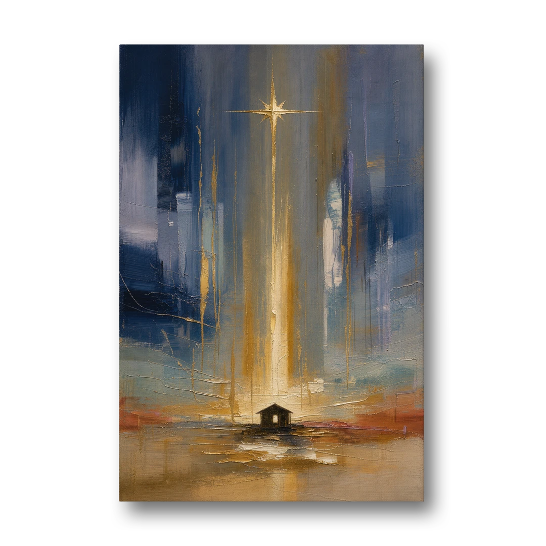 Modern Nativity Painting with Falling Gold Light - Canvas Wall Art - Front