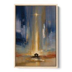 Modern Nativity Painting with Falling Gold Light - Oak Framed Canvas Wall Art - Front