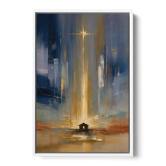 Modern Nativity Painting with Falling Gold Light - White Framed Canvas Wall Art - Front