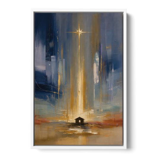 Modern Nativity Painting with Falling Gold Light - White Framed Canvas Wall Art - Front