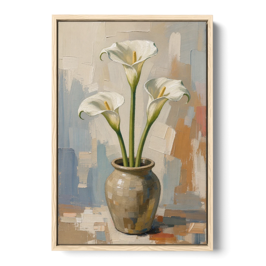 Modern Neutral Floral Calla Lilies in Stoneware - Oak Framed Canvas Wall Art - Front