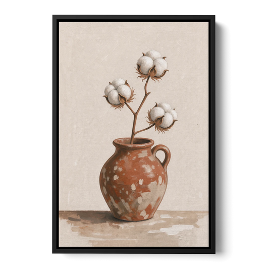 Modern Rustic Wall Art with Cotton in a Jug - Black Framed Canvas Wall Art - Front