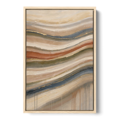 Modern Sandstone Strata with Gold Seams for the Bathroom - Oak Framed Canvas Wall Art - Front