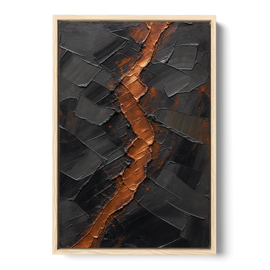 Molten Copper Fissure in Black and Copper - Oak Framed Canvas Wall Art - Front