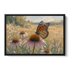 Monarch Butterfly Painting on a Purple Coneflower - Black Framed Canvas Wall Art - Front