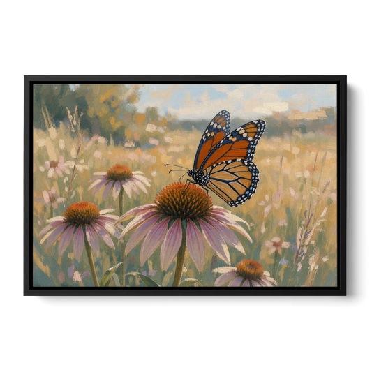Monarch Butterfly Painting on a Purple Coneflower - Black Framed Canvas Wall Art - Front