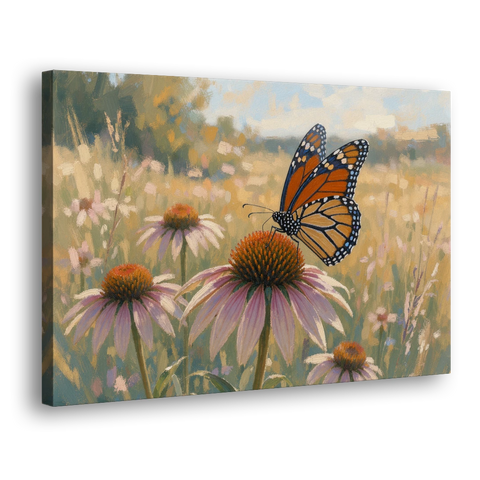 Monarch Butterfly Painting on a Purple Coneflower - Canvas Wall Art - Side