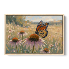 Monarch Butterfly Painting on a Purple Coneflower - Oak Framed Canvas Wall Art - Front