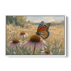 Monarch Butterfly Painting on a Purple Coneflower - White Framed Canvas Wall Art - Front