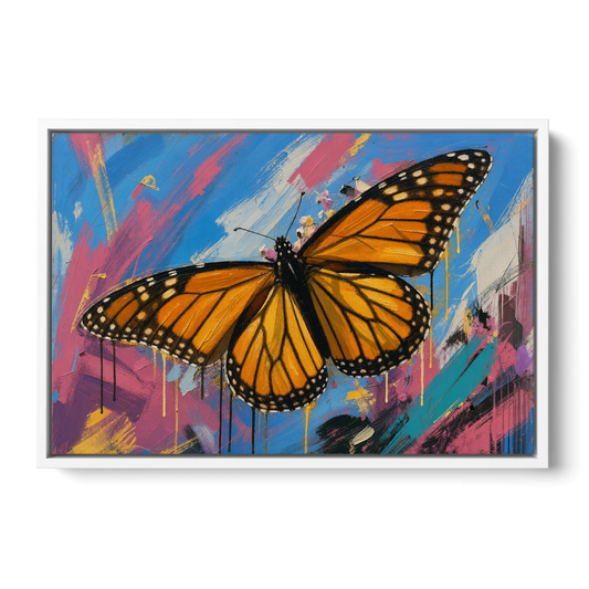 Monarch Butterfly Wall Art with Dripping Wings - White Framed Canvas Wall Art - Front