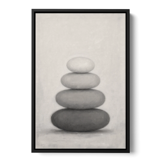 Monochrome Abstract Painting of Stacked Ovals - Black Framed Canvas Wall Art - Front