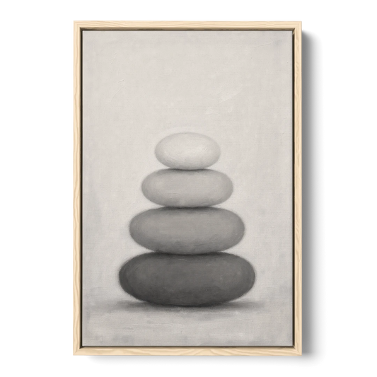 Monochrome Abstract Painting of Stacked Ovals - Oak Framed Canvas Wall Art - Front