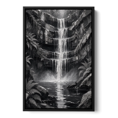 Monochrome Landscape Painting of a Tiered Waterfall - Black Framed Canvas Wall Art - Front