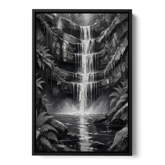 Monochrome Landscape Painting of a Tiered Waterfall - Black Framed Canvas Wall Art - Front