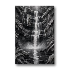 Monochrome Landscape Painting of a Tiered Waterfall - Canvas Wall Art - Front