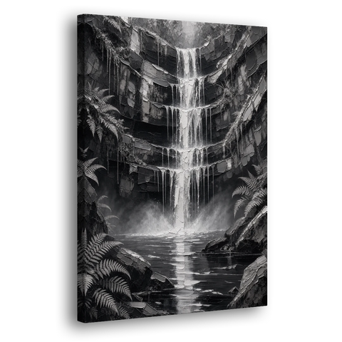 Monochrome Landscape Painting of a Tiered Waterfall - Canvas Wall Art - Side