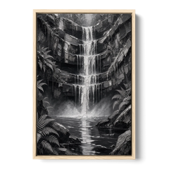 Monochrome Landscape Painting of a Tiered Waterfall - Oak Framed Canvas Wall Art - Front