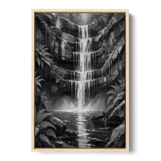 Monochrome Landscape Painting of a Tiered Waterfall - Oak Framed Canvas Wall Art - Front