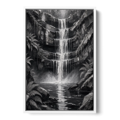 Monochrome Landscape Painting of a Tiered Waterfall - White Framed Canvas Wall Art - Front