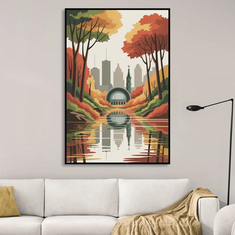 Montreal Autumn Foliage Living Room - Black Canvas Wall Art