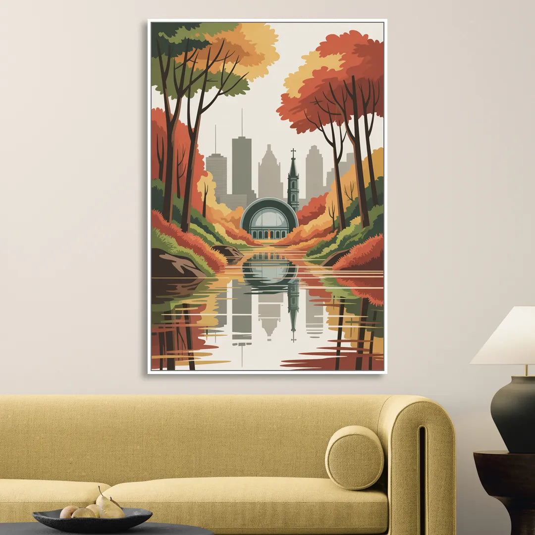 Montreal Autumn Foliage Sitting Room - White Canvas Wall Art