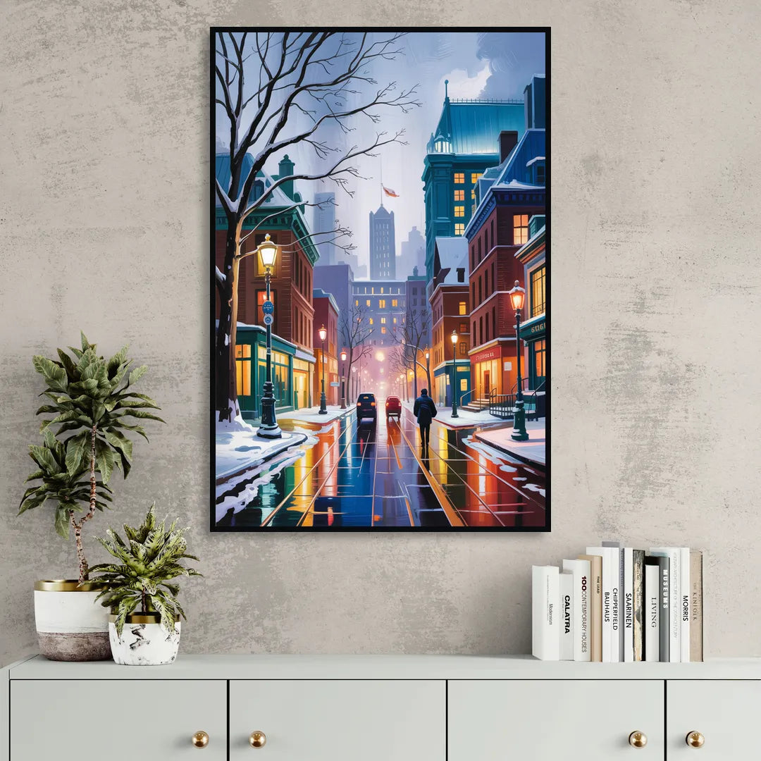 Montreal City in Winter Living Room - Black Canvas Wall Art