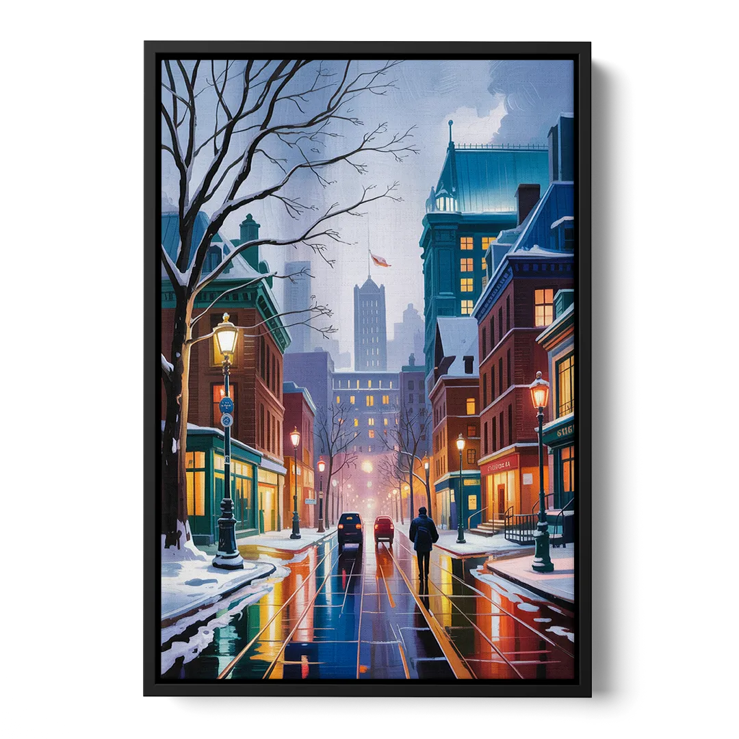 Montreal City in Winter Front - Black Canvas Wall Art