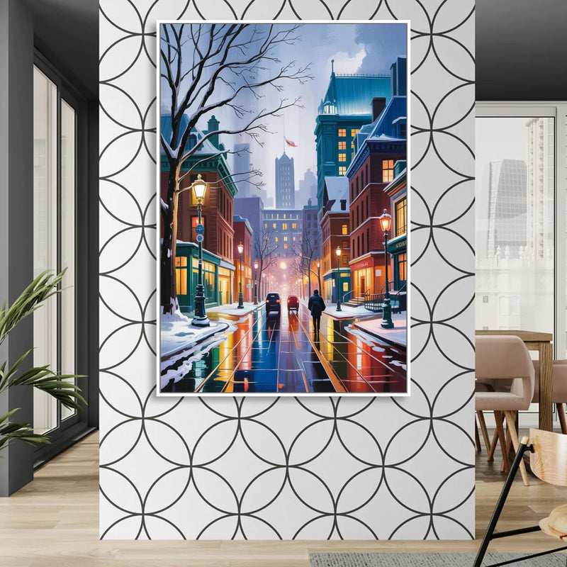 Montreal City in Winter Sitting Room - White Canvas Wall Art