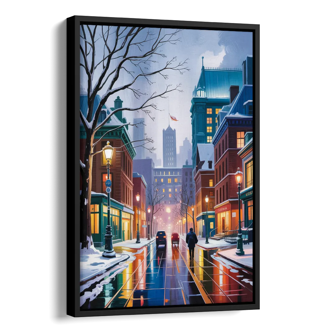 Montreal City in Winter Side - Black Canvas Wall Art