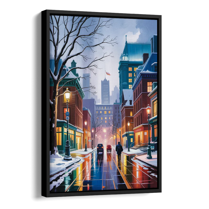 Montreal City in Winter Side - Black Canvas Wall Art