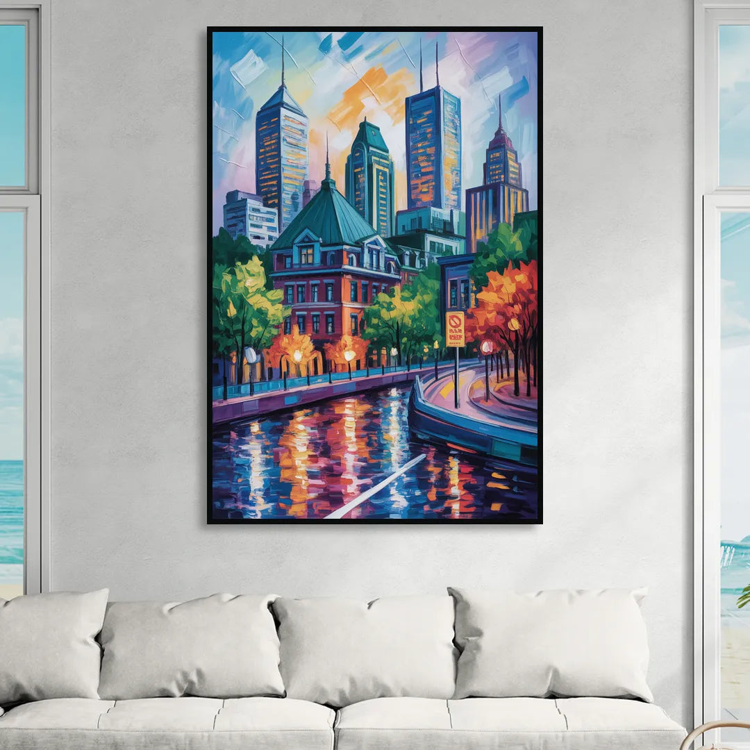 Montreal Cityscape Living Room - Black Canvas Wall Art