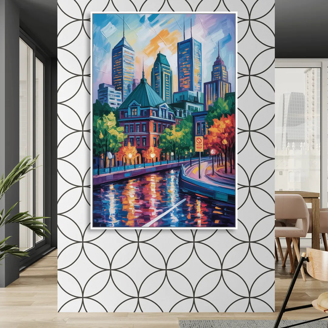Montreal Cityscape Living Room - White Canvas Wall Art