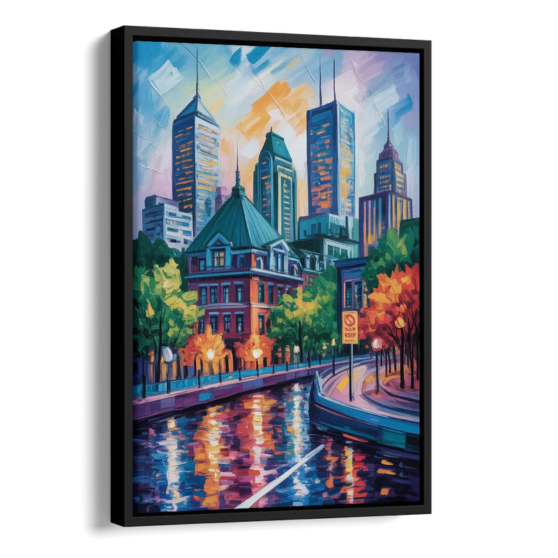 Montreal Cityscape Side - Black Canvas Wall Art