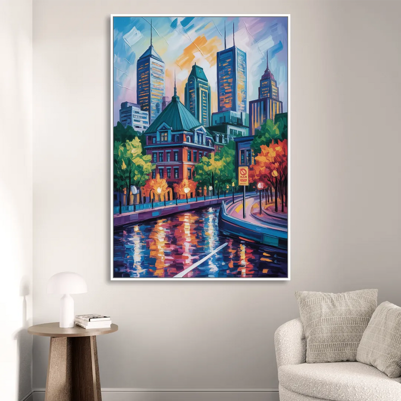 Montreal Cityscape Sitting Room - White Canvas Wall Art