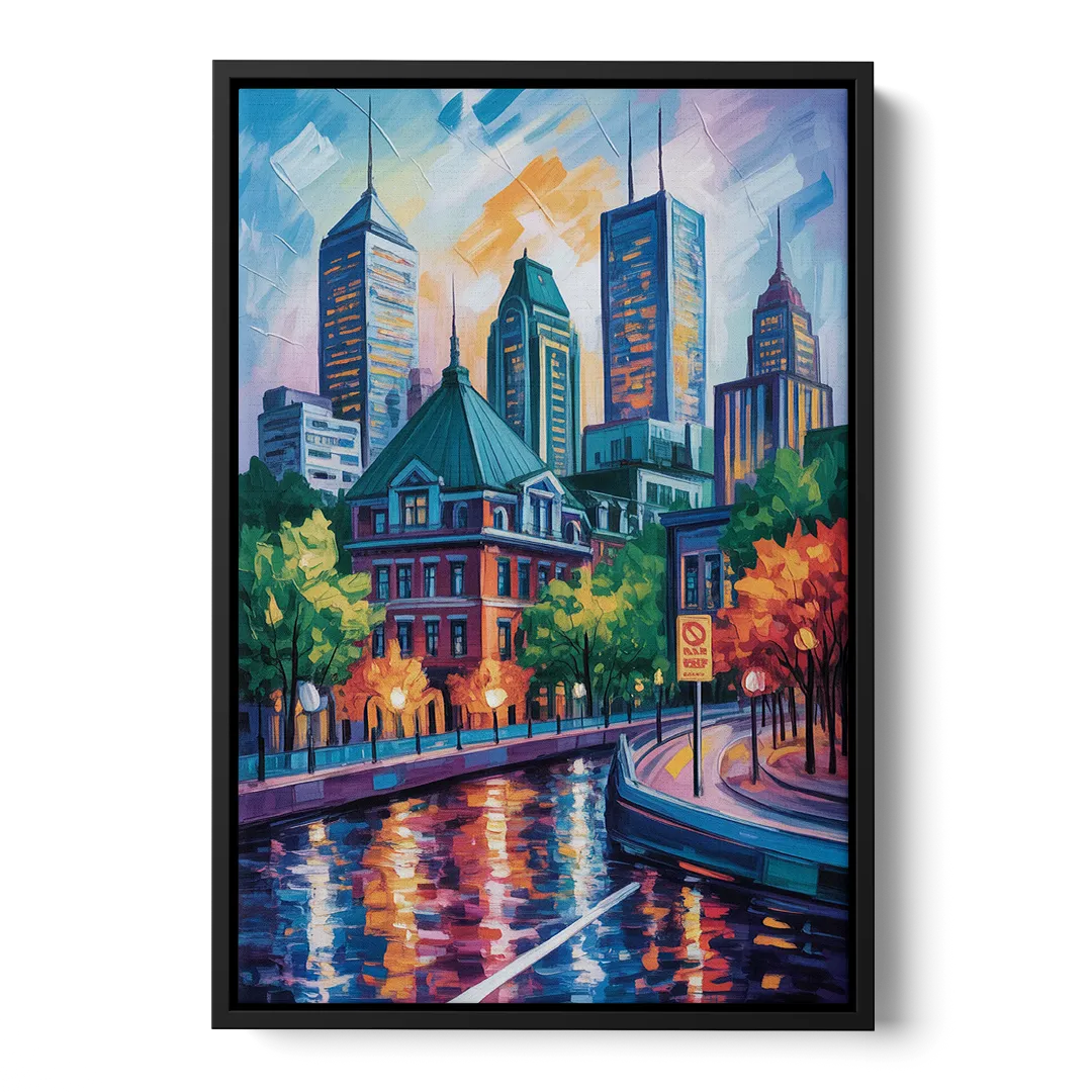Montreal Cityscape Front - Black Canvas Wall Art