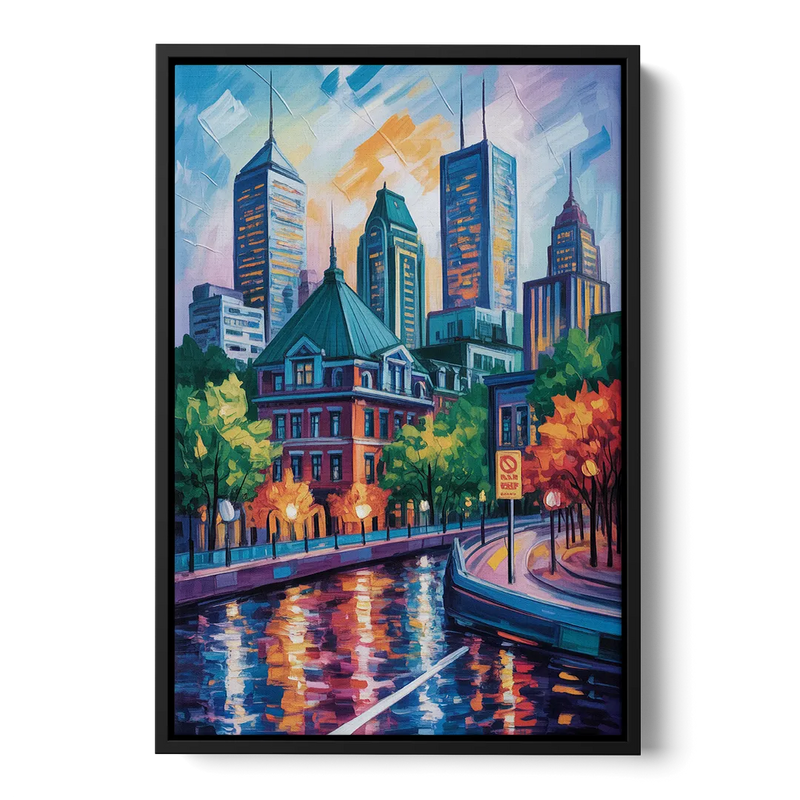 Montreal Cityscape Front - Black Canvas Wall Art