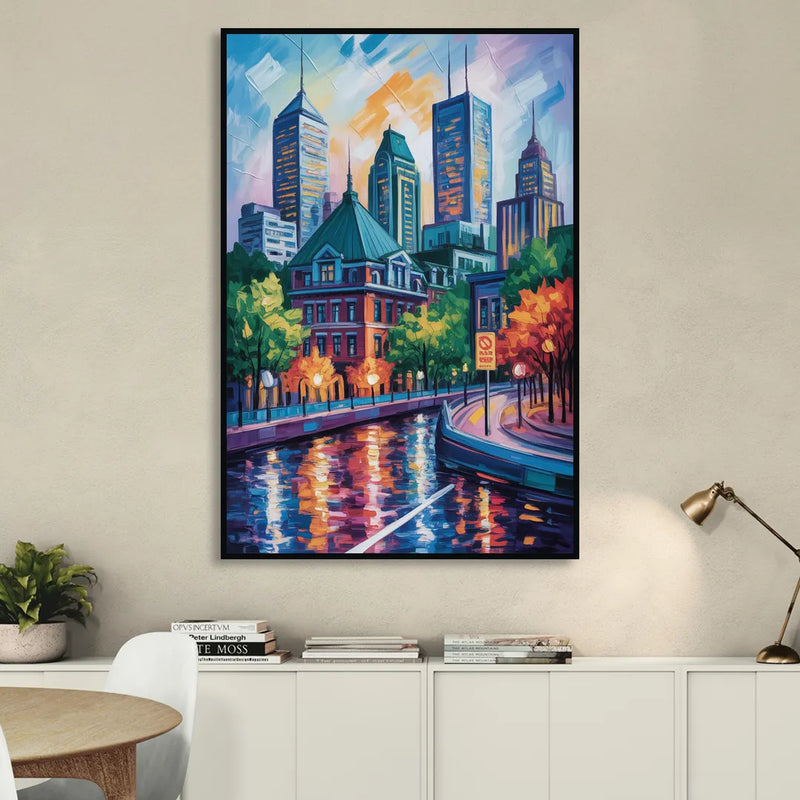 Montreal Cityscape Sitting Room - Black Canvas Wall Art