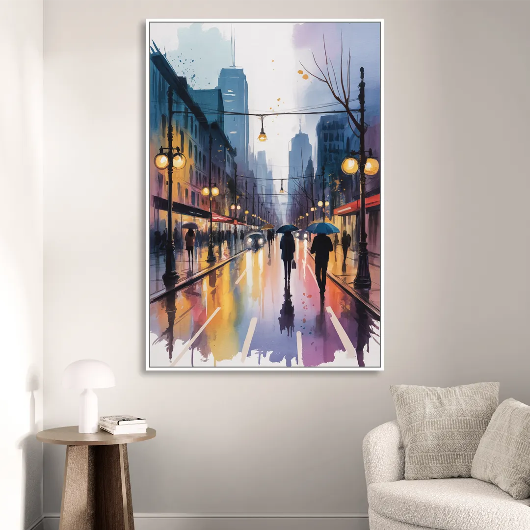 Montreal Evening Street Lights Living Room - White Canvas Wall Art