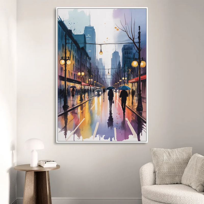 Montreal Evening Street Lights Living Room - White Canvas Wall Art