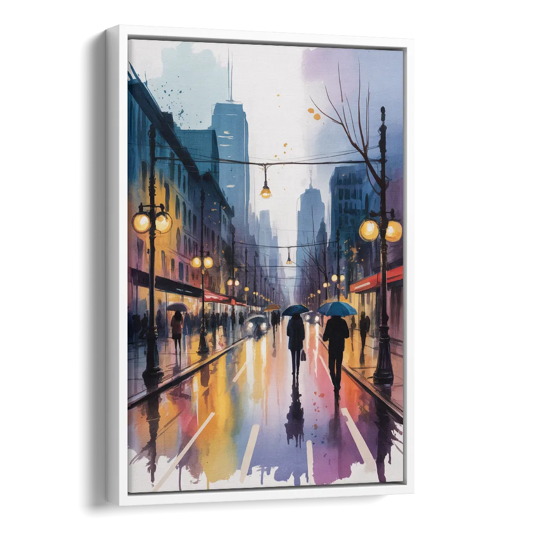 Montreal Evening Street Lights Side - White Canvas Wall Art