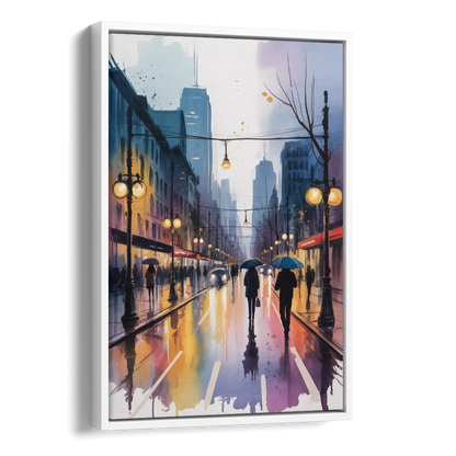 Montreal Evening Street Lights Side - White Canvas Wall Art